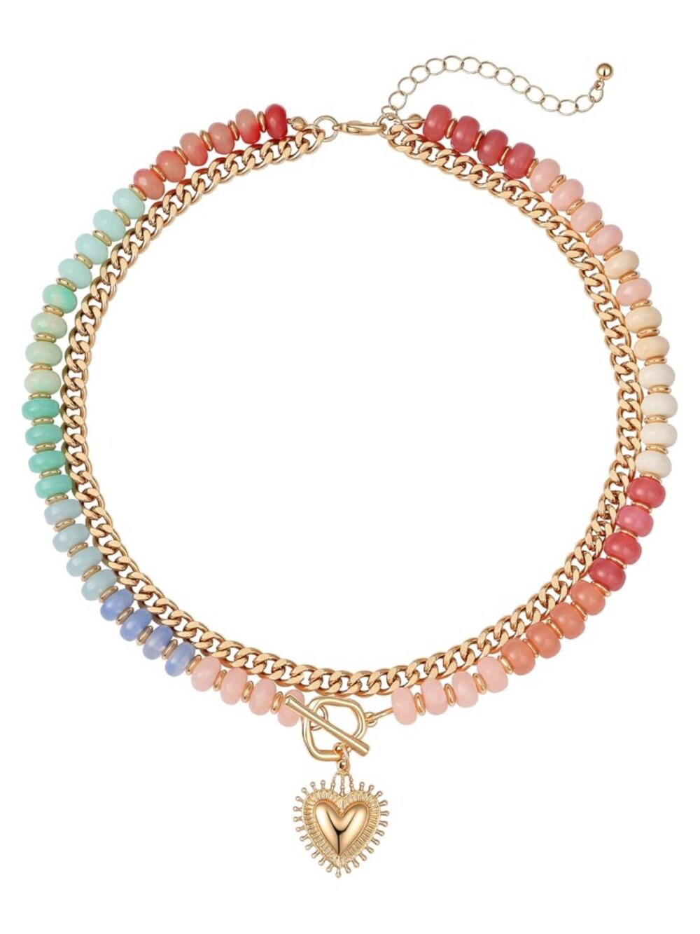Layered Beaded Necklace 14k Gold Plated Heart Pendant Acrylic Beads